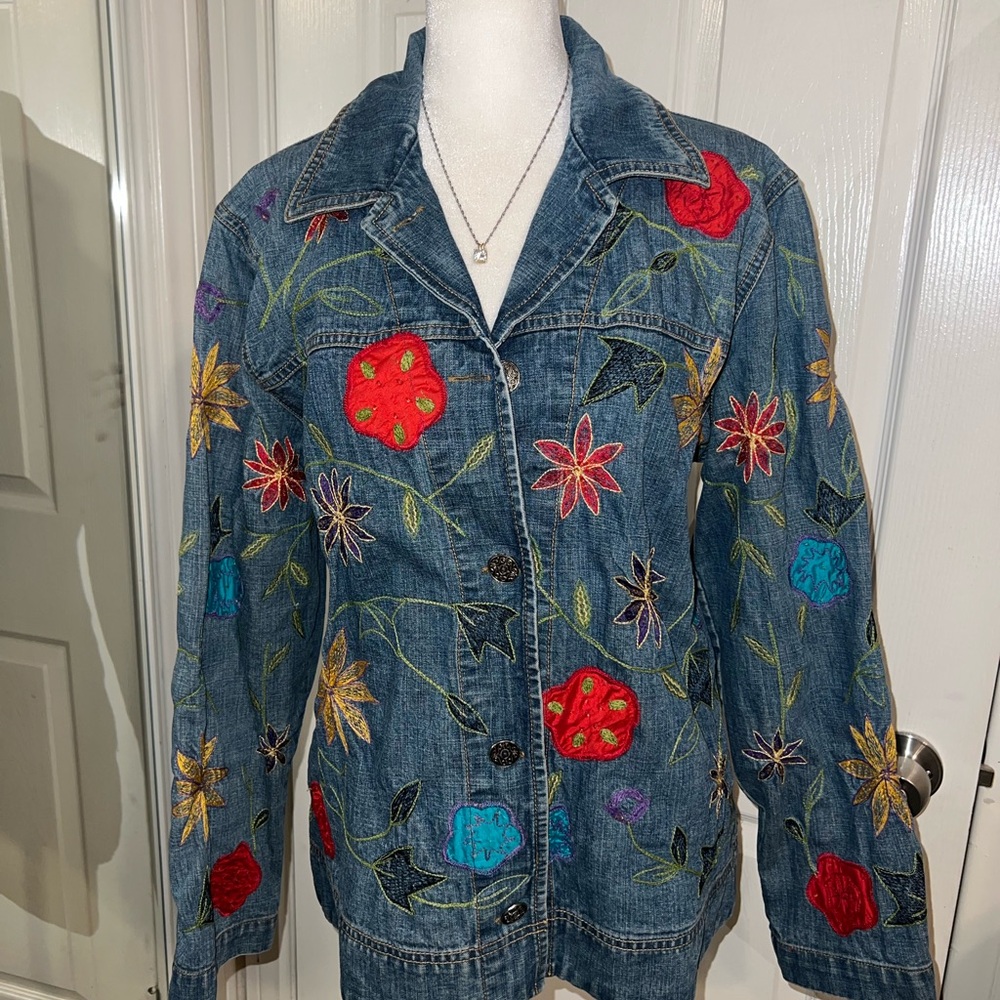 Vintage Chico's Blue Denim Jacket with Red, Yellow & Turquoise Floral Embroidery